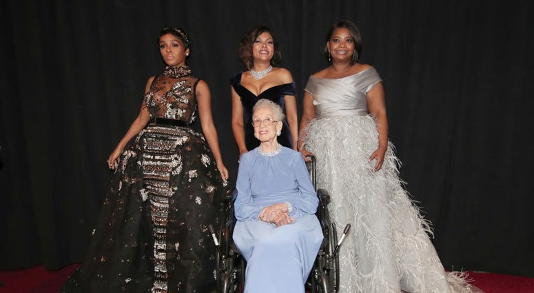 (L-R) Actor Janelle Monae, NASA mathematician Katherine Johnson and actors Taraji P. Henson and Octavia Spencer pose backstage during the 89th Annual Academy Awards at Hollywood & Highland Center on February 26, 2017 in Hollywood, California.