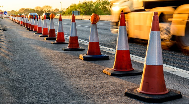 Evening view UK Motorway Services Roadworks Cones Evening view UK Motorway Services Roadworks Cones