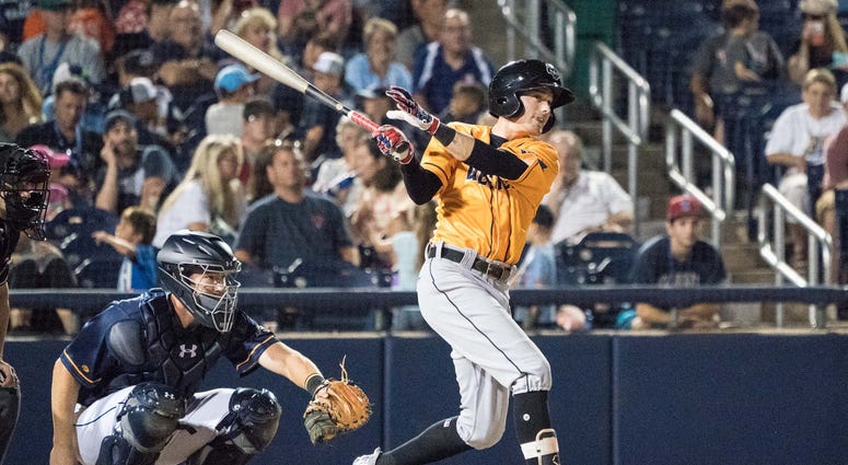 Erie Seawolves outfielder Danny Woodrow hits a triple Erie Seawolves outfielder Danny Woodrow hits a triple