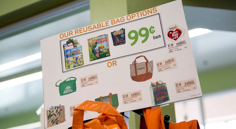 Reusable bags are shown advertised Reusable bags are shown advertised