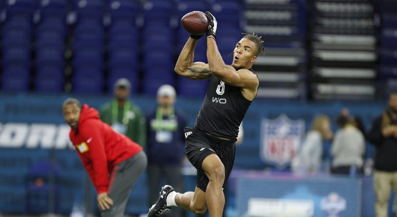 Notre Dame Fighting Irish wide receiver Chase Claypool (WO08) catches a pass during a workout drill during the 2020 NFL Combine at Lucas Oil Stadium.