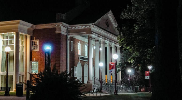 A view of the performance arts building at IUP`s campus at night