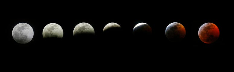 The different stages of the blood moon and supermoon during a total lunar eclipse The different stages of the blood moon and supermoon during a total lunar eclipse