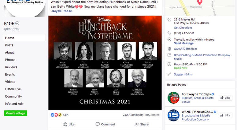 this screenshot from the Facebook page of K105-FM in Fort Wayne, Ind., shows what appears to be a promotional image falsely claiming that Disney plans to release a star-studded revival of the film "The Hunchback of Notre Dame." DO NOT USE