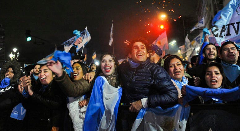 Demonstrators against decriminalizing abortion celebrate outside Congress in Buenos Aires, Argentina, Thursday, Aug. 9, 2018. DO NOT USE
