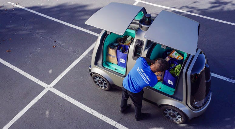his undated image provided by The Kroger Co. shows an autonomous vehicle called the R1. Kroger will begin testing grocery deliveries using driverless cars outside of Phoenix. DO NOT USE