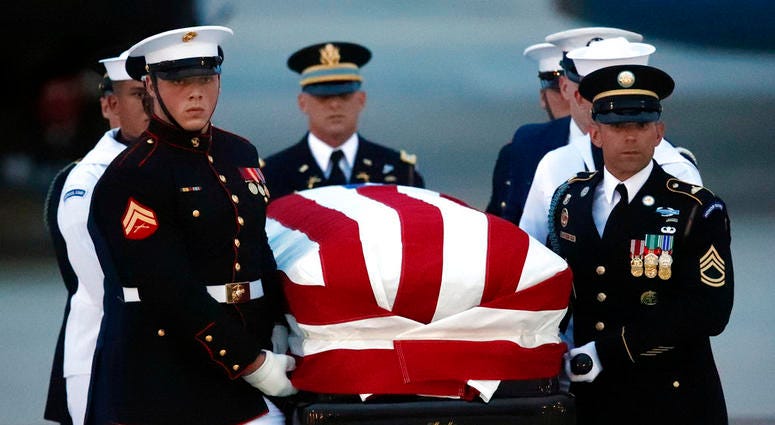 The flag-draped casket of Sen. John McCain, R-Ariz., is carried by an Armed Forces body bearer team to a hearse, Thursday, Aug. 30, 2018, at Andrews Air Force Base, Md. DO NOT USE