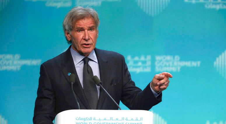 American actor Harrison Ford speaks about ocean conservation at the World Government Summit in Dubai, United Arab Emirates AP DO NOT USE