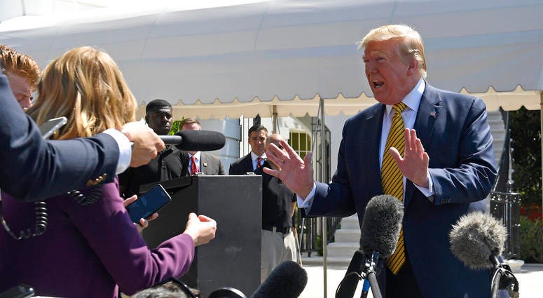 President Donald Trump speaks to reporters on the South Lawn of the White House in Washington, Saturday, June 22, 2019, before boarding Marine One for the trip to Camp David in Maryland. President Donald Trump speaks to reporters on the South Lawn of the White House in Washington, Saturday, June 22, 2019, before boarding Marine One for the trip to Camp David in Maryland.
