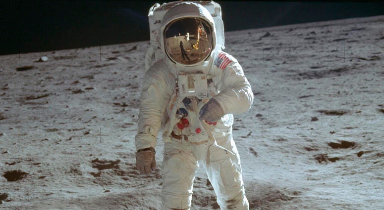 In this July 20, 1969 photo made available by NASA, astronaut Buzz Aldrin, lunar module pilot, walks on the surface of the moon during the Apollo 11 extravehicular activity. In this July 20, 1969 photo made available by NASA, astronaut Buzz Aldrin, lunar module pilot, walks on the surface of the moon during the Apollo 11 extravehicular activity.