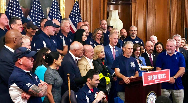 Entertainer and activist Jon Stewart, speaks at a news conference on behalf of 9/11 victims and families, Friday, July 12, 2019, at the Capitol in Washington. The House is expected to approve a bill Friday ensuring that a victims' compensation fund