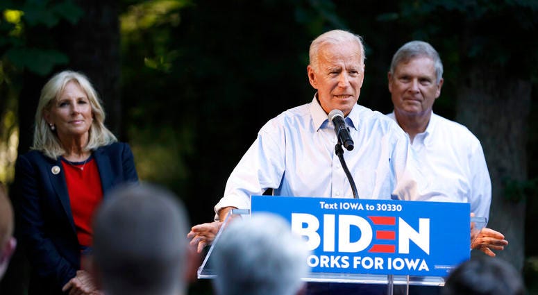 Former Vice President and Democratic presidential candidate Joe Biden speaks during a house party at former Agriculture Secretary Tom Vilsack's house, Monday, July 15, 2019, in Waukee, Iowa. Former Vice President and Democratic presidential candidate Joe Biden speaks during a house party at former Agriculture Secretary Tom Vilsack's house, Monday, July 15, 2019, in Waukee, Iowa.