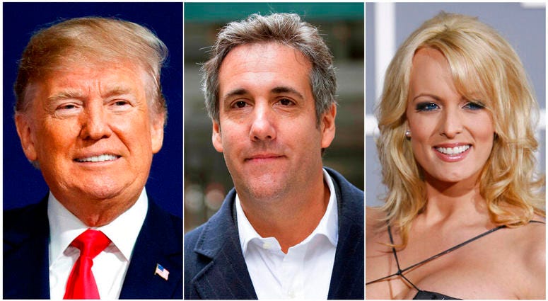 This combination of file photo shows, from left, President Donald Trump, attorney Michael Cohen and adult film actress Stormy Daniels.