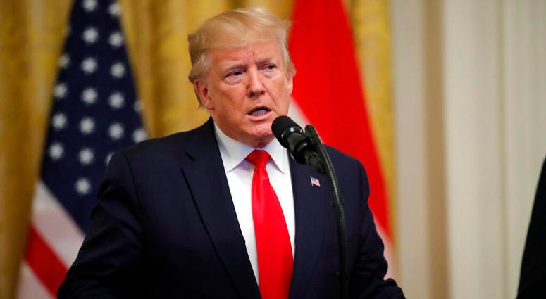 Donald Trump speaks during a ceremony where Dutch Prime Minister Mark Rutte will present a 48-star flag flown on a U.S. Naval vessel during the D-Day invasion, in the East Room of the White House, Thursday, July 18, 2019, in Washington. The flag