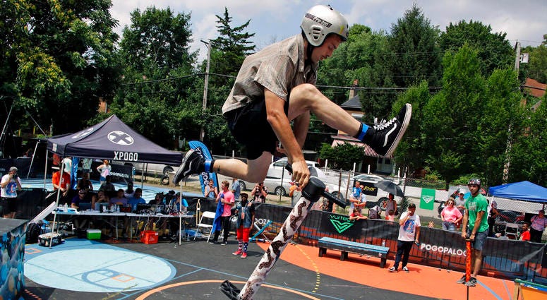 Dalton Smith, 22, of Nashville, Tenn., performs during during Pogopalooza, The World Championships of Pogo in Wilkinsburg, Pa., Saturday, July 20, 2019.