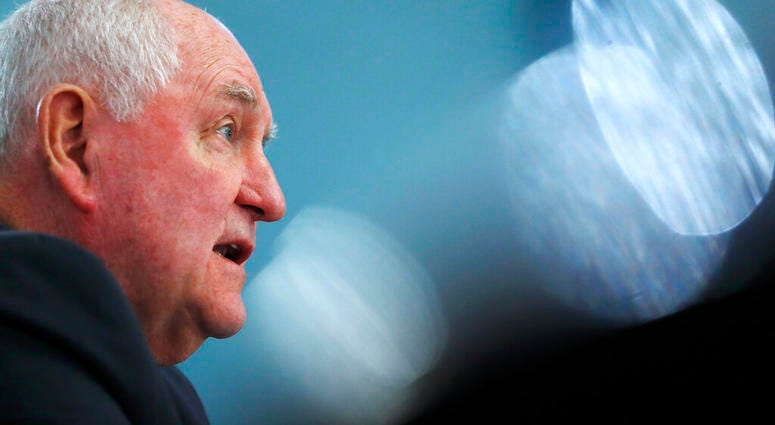 In this Feb. 27, 2019 file photo, Agriculture Secretary Sonny Perdue testifies during a House Agriculture Committee hearing, on Capitol Hill in Washington.