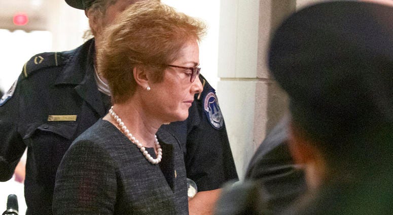 Former U.S. ambassador to Ukraine Marie Yovanovitch, arrives on Capitol Hill, Friday, Oct. 11, 2019, in Washington, as she is scheduled to testify before congressional lawmakers on Friday as part of the House impeachment inquiry into President