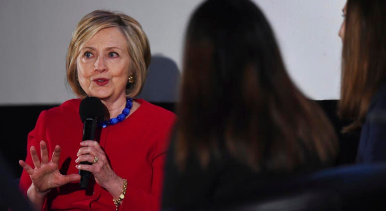 Former Secretary of State Hillary Clinton answers a question posed by student journalists during the Trailblazing Women of Park Ridge event in Park Ridge, Ill., Friday, Oct. 11, 2019. AP DO NOT USE
