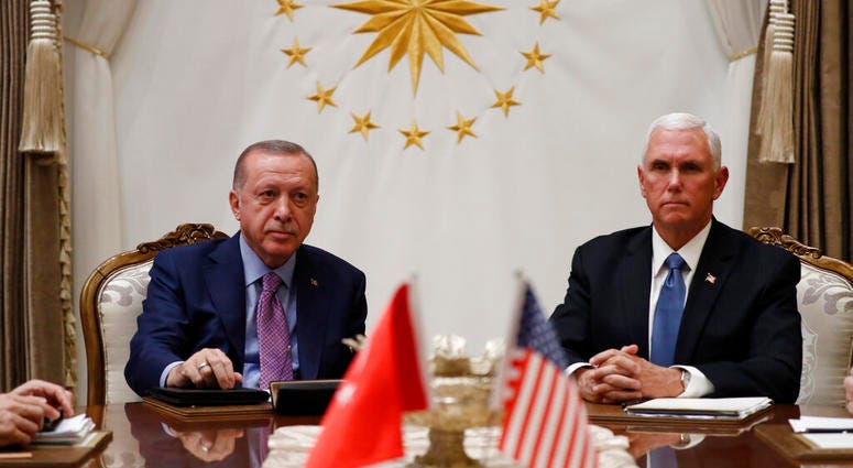 Vice President Mike Pence meets with Turkish President Recep Tayyip Erdogan at the Presidential Palace for talks on the Kurds and Syria, Thursday, Oct. 17, 2019, in Ankara, Turkey.