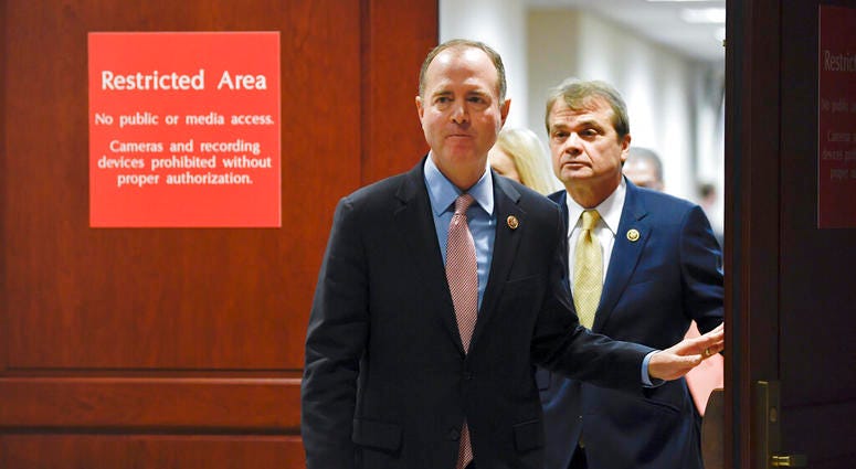 House Intelligence Committee Chairman Adam Schiff, D-Calif., followed by Rep. Mike Quigley, D-Ill., walks out to talk to reporters on Capitol Hill in Washington, Wednesday, Nov. 6, 2019, about the House impeachment inquiry. ( House Intelligence Committee Chairman Adam Schiff, D-Calif., followed by Rep. Mike Quigley, D-Ill., walks out to talk to reporters on Capitol Hill in Washington, Wednesday, Nov. 6, 2019, about the House impeachment inquiry.