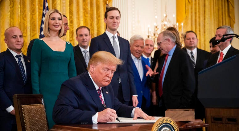 President Donald Trump signs an executive order combatting anti-Semitism in the U. S. during a Hanukkah reception in the East Room of the White House Wednesday, Dec. 11, 2019, in Washington. President Donald Trump signs an executive order combatting anti-Semitism in the U. S. during a Hanukkah reception in the East Room of the White House Wednesday, Dec. 11, 2019, in Washington.