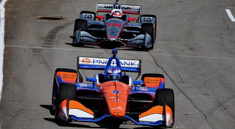 Scott Dixon's No. 9 PNC Bank Honda Leads Team Penske's No. 12 Chevy Of Will Power Scott Dixon's No. 9 PNC Bank Chip Ganassi Racing Honda
