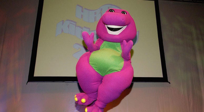 Barney the dinosaur performs during the Hollywood Radio and Television Society's 10th Annual Kids Day 2004 show on August 18, 2004 at Hollywood and Highland's grand ballroom in Hollywood, California.