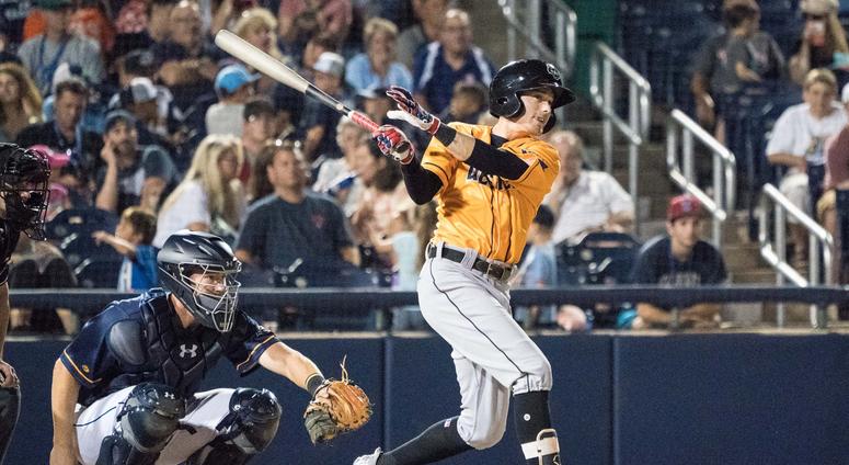 Erie Seawolves outfielder Danny Woodrow hits a triple Erie Seawolves outfielder Danny Woodrow hits a triple