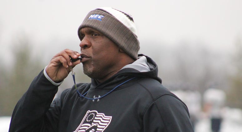 Robert Morris football coach Bernard Clark in a 2018 practice