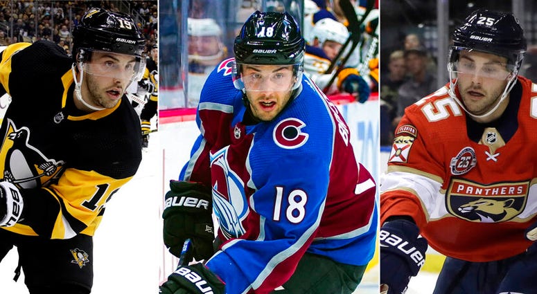 From left are file photos showing NHL hockey player Derick Brassard with the Pittsburgh Penguins, on Jan. 28, 2019, with the Colorado Avalanche on March 9, 2019 and with the Florida Panthers on Feb. 5, 2019. AP DO NOT USE