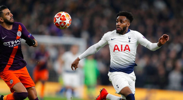 Manchester City's Riyad Mahrez, left, challenges for the ball with Tottenham's Danny Rose during the Champions League, round of 8, first-leg soccer match between Tottenham Hotspur and Manchester City at the Tottenham Hotspur stadium in London, Tuesday, Ap Manchester City's Riyad Mahrez, left, challenges for the ball with Tottenham's Danny Rose during the Champions League, round of 8, first-leg soccer match between Tottenham Hotspur and Manchester City at the Tottenham Hotspur stadium in London, Tuesday, Ap