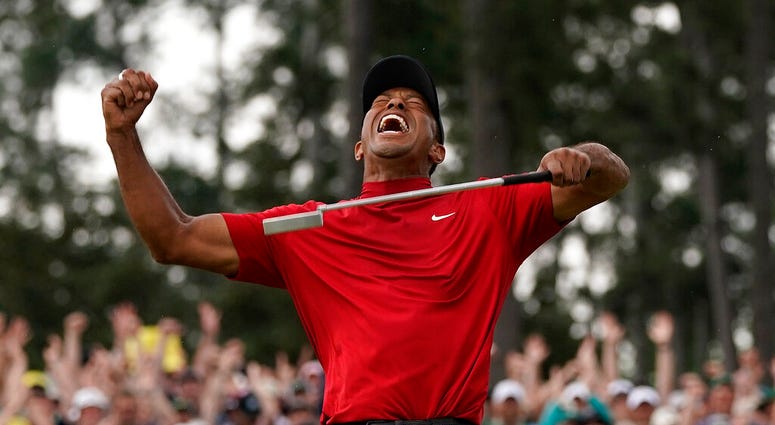 Tiger Woods reacts as he wins the Masters golf tournament Sunday, April 14, 2019, in Augusta, Ga. Tiger Woods reacts as he wins the Masters golf tournament Sunday, April 14, 2019, in Augusta, Ga.