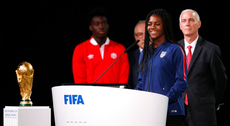 American soccer player Brianna Pinto speaks at the FIFA congress on the eve of the opener of the 2018 soccer World Cup in Moscow, Russia, DO NOT USE