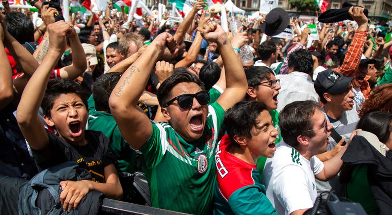 Fans celebrate Mexico's win during the Mexico vs. Germany World Cup soccer match, DO NOT USE