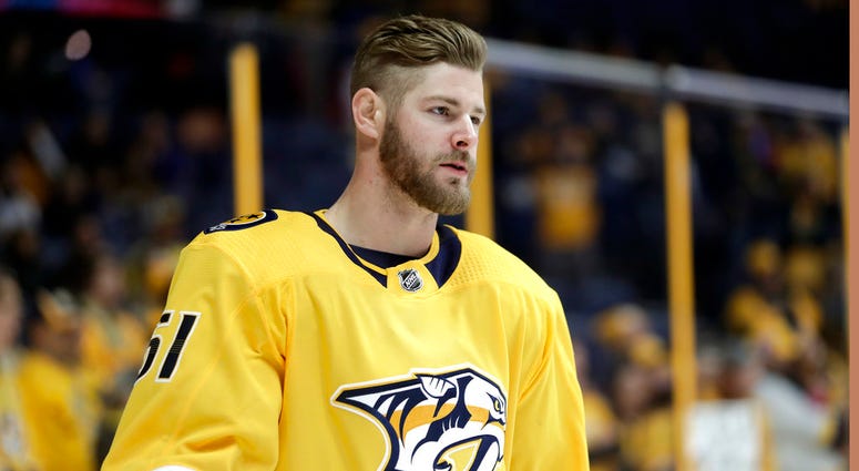 Nashville Predators left wing Austin Watson warms up before an NHL hockey game against the Florida Panthers, DO NOT USE