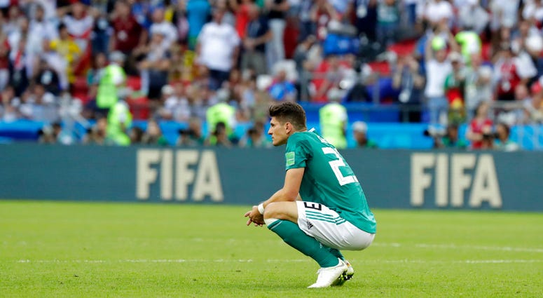 Germany's Mario Gomez on the pitch after the group F match between South Korea and Germany, at the 2018 soccer World Cup in the Kazan Arena in Kazan, Russia, DO NOT USE