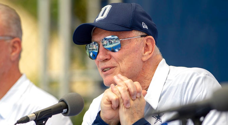 Dallas Cowboys owner Jerry Jones takes questions during the "state of the team" press conference at the start of the team's NFL training camp, Wednesday, July 25, 2018, in Oxnard, Calif. DO NOT USE
