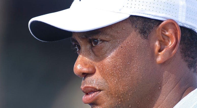 Tiger Woods of the United States looks on during a hot afternoon in the first round of the BMW Championship golf tournament at Aronimink Golf Club, Thursday, Sept. 6, 2018, in Newtown Square, Pa. DO NOT USE