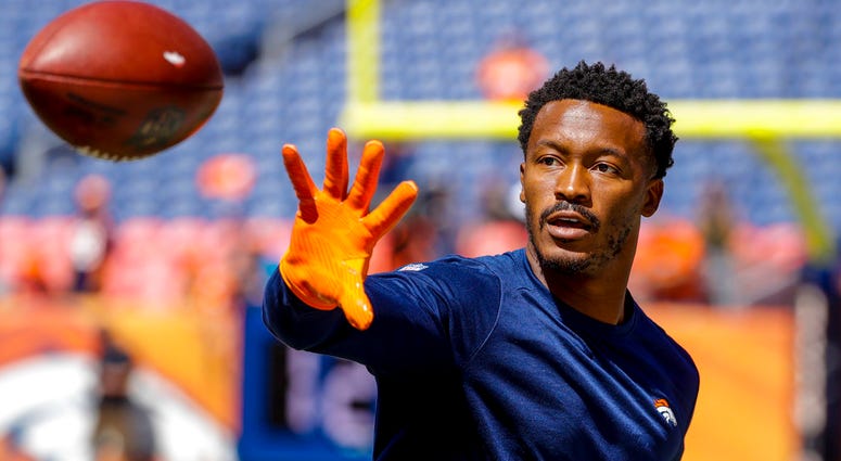 Denver Broncos wide receiver Demaryius Thomas (88) catches a pass before an NFL football game against the Seattle Seahawks in Denver. DO NOT USE