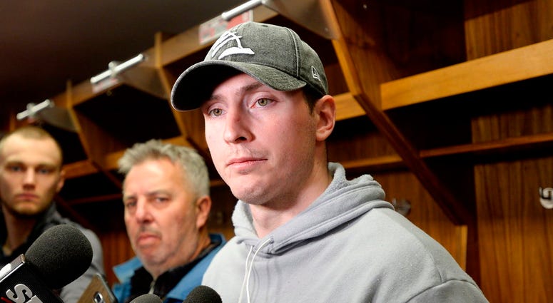 file photo, Ottawa Senators center Matt Duchene speaks to reporters as players clean out their lockers in Ottawa, Ontario. DO NOT USE