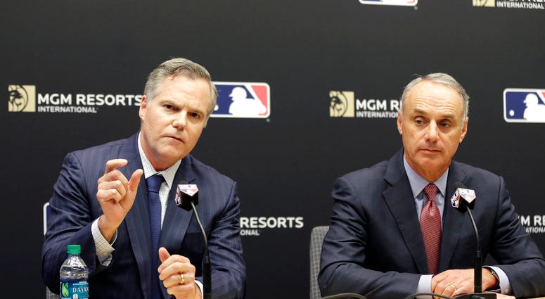 MGM Resorts CEO James Murren, left, and MLB Commissioner Rob Manfred speak during a news conference at MLB headquarters in New York MGM Resorts CEO James Murren, left, and MLB Commissioner Rob Manfred speak during a news conference at MLB headquarters in New York