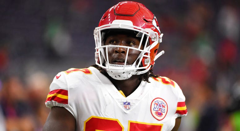 n this Oct. 8, 2017, file photo, Kansas City Chiefs running back Kareem Hunt warms up for the team's NFL football game against the Houston Texans in Houston. DO NOT USE