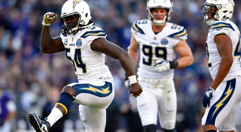 Los Angeles Chargers defensive end Melvin Ingram (54) celebrates after sacking Baltimore Ravens quarterback Lamar Jackson Los Angeles Chargers defensive end Melvin Ingram (54) celebrates after sacking Baltimore Ravens quarterback Lamar Jackson