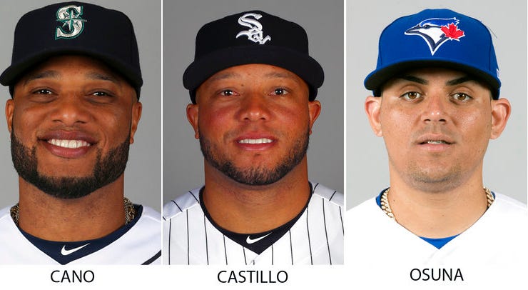 From left are 2018 file photos showing Robinson Cano, Welington Castillo, Roberto Osuna and Colby Rasmus. DO NOT USE