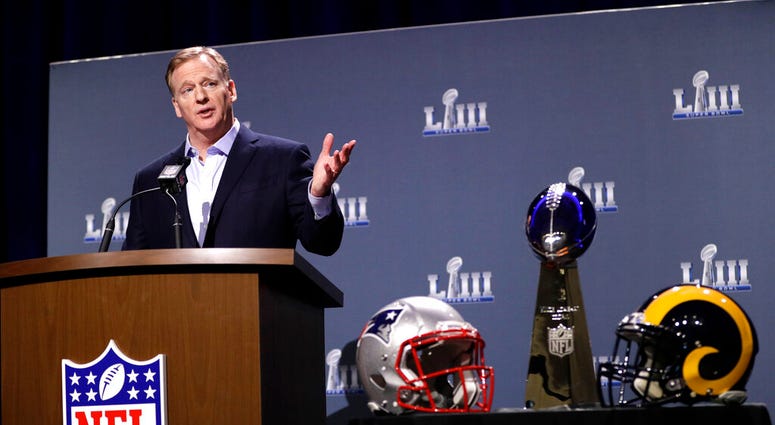 NFL Commissioner Roger Goodell answers a question during a news conference for the NFL Super Bowl 53 football game Wednesday, Jan. 30, 2019, in Atlanta. NFL Commissioner Roger Goodell answers a question during a news conference for the NFL Super Bowl 53 football game Wednesday, Jan. 30, 2019, in Atlanta.