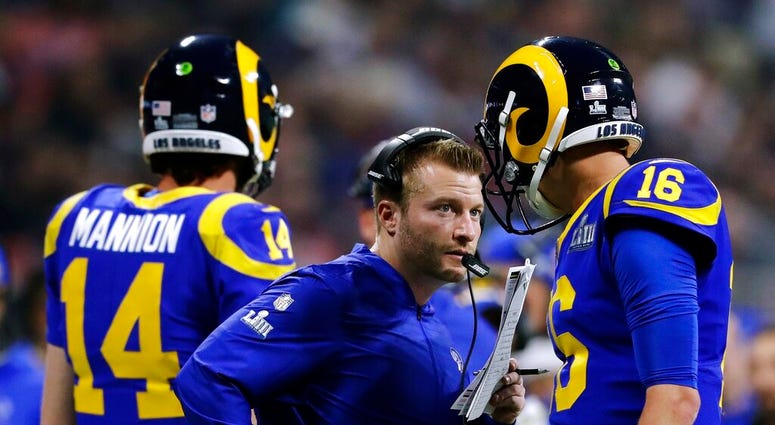 Los Angeles Rams head coach Sean McVay, center, speaks to Jared Goff (16) on the sideline during the second half of the NFL Super Bowl 53 football game against the New England Patriots, Sunday, Feb. 3, 2019, in Atlanta Los Angeles Rams head coach Sean McVay, center, speaks to Jared Goff (16) on the sideline during the second half of the NFL Super Bowl 53 football game against the New England Patriots, Sunday, Feb. 3, 2019, in Atlanta