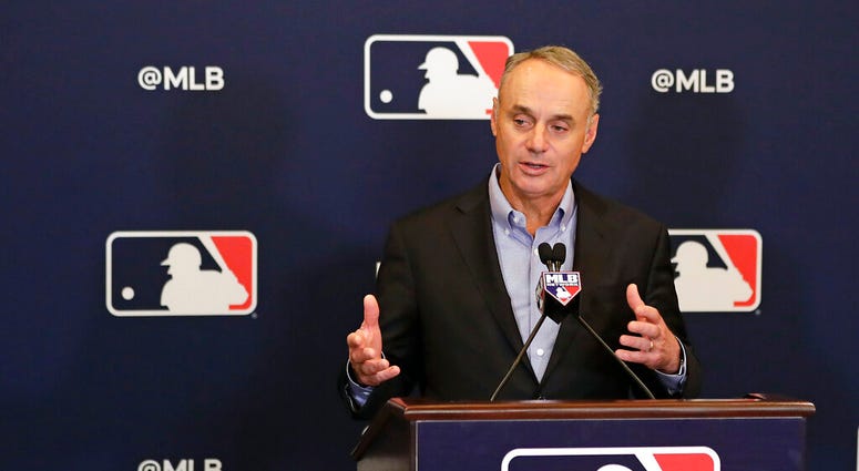 Rob Manfred, commissioner of Major League Baseball, speaks during a news conference at owners meetings Friday, Feb. 8, 2019, in Orlando, Fla. Rob Manfred, commissioner of Major League Baseball, speaks during a news conference at owners meetings Friday, Feb. 8, 2019, in Orlando, Fla.