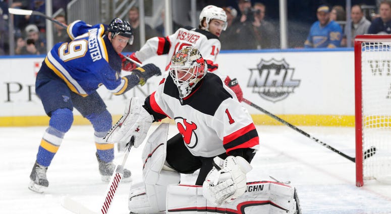 New Jersey Devils goaltender Keith Kinkaid (1) makes a save in the second period of an NHL hockey game against the St. Louis Blues, DO NOT USE
