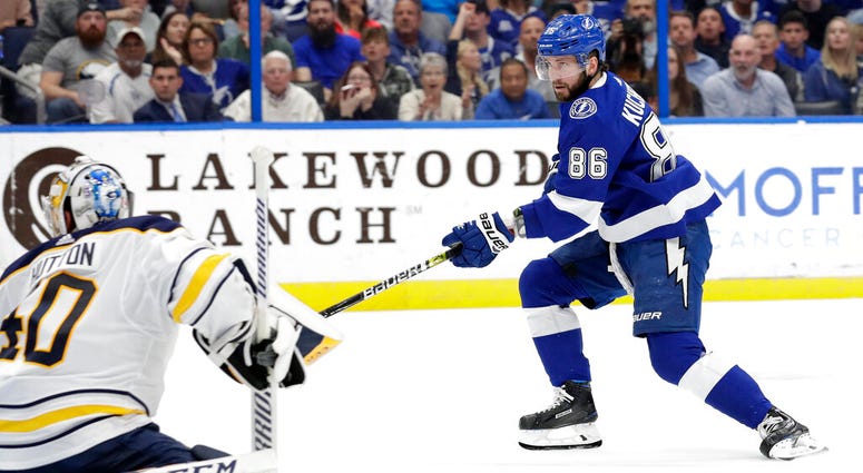Tampa Bay Lightning right wing Nikita Kucherov (86), of Russia, watches his goal get past Buffalo Sabres goaltender Carter Hutton AP DO NOT USE