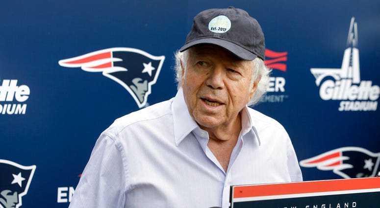 New England Patriots owner Robert Kraft speaks with reporters following an NFL football minicamp practice, in Foxborough, Mass. AP DO NOT USE